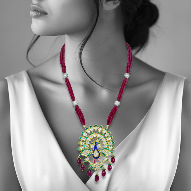 Peacock Pendant Necklace with Polki, Green Enamel, and Ruby Drops